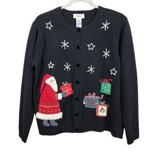 Talbots Vintage Christmas Sweater Cardigan Santa Claus Embroidered Women Medium